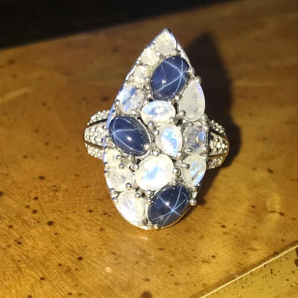 Sterling Teardrop Ring with Blue Star Sapphires and Moonstone Accents